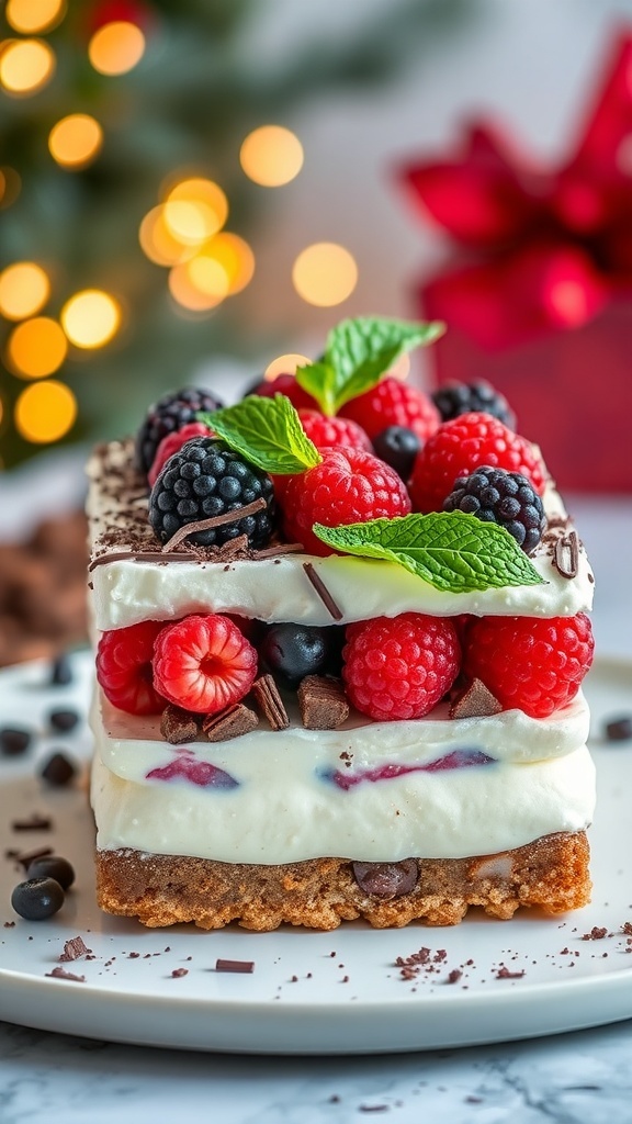 Christmas PFP Quadro Recipe A festive Christmas PFP quadro dessert with layers of cream and biscuit, topped with berries and mint.